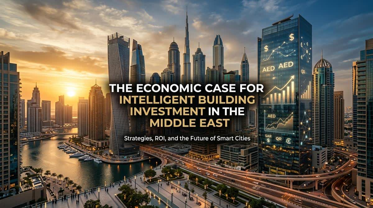 Financial charts and graphs showing return on investment metrics for intelligent building systems against a background of modern Middle Eastern architecture
