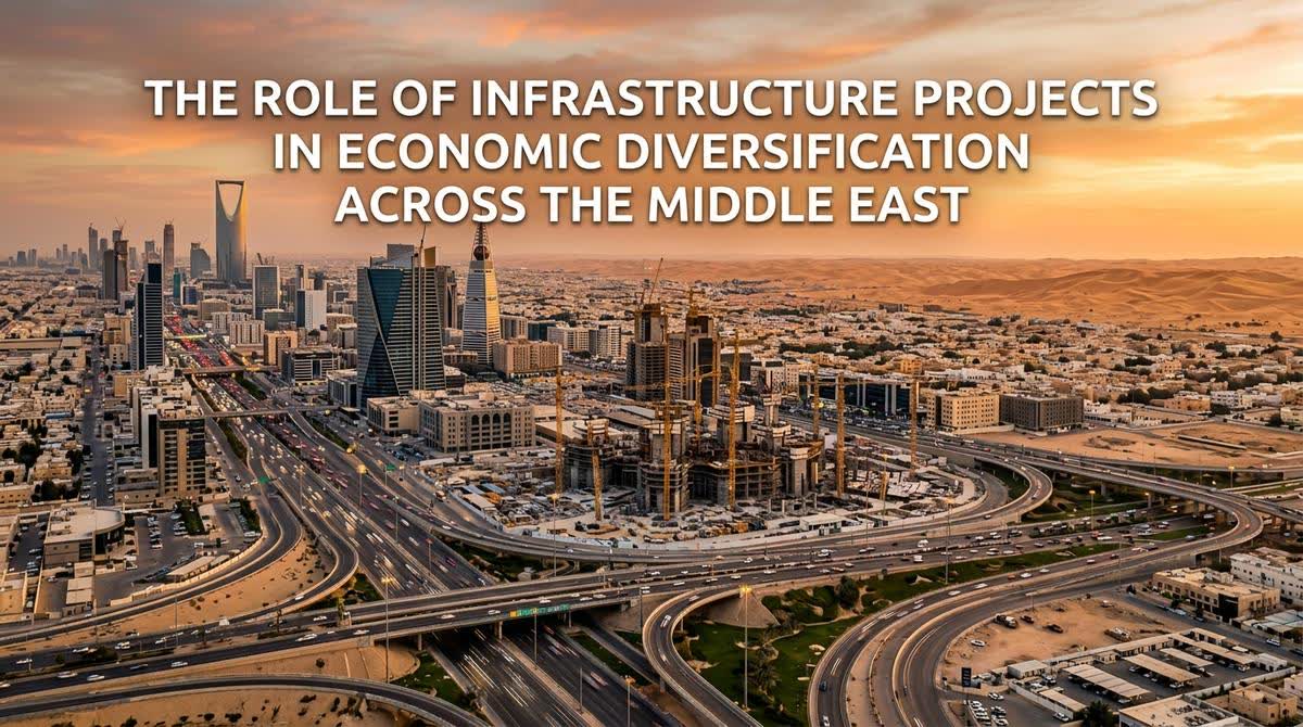  Panoramic view of major infrastructure development projects across the Middle East showing roads, buildings, and construction activity