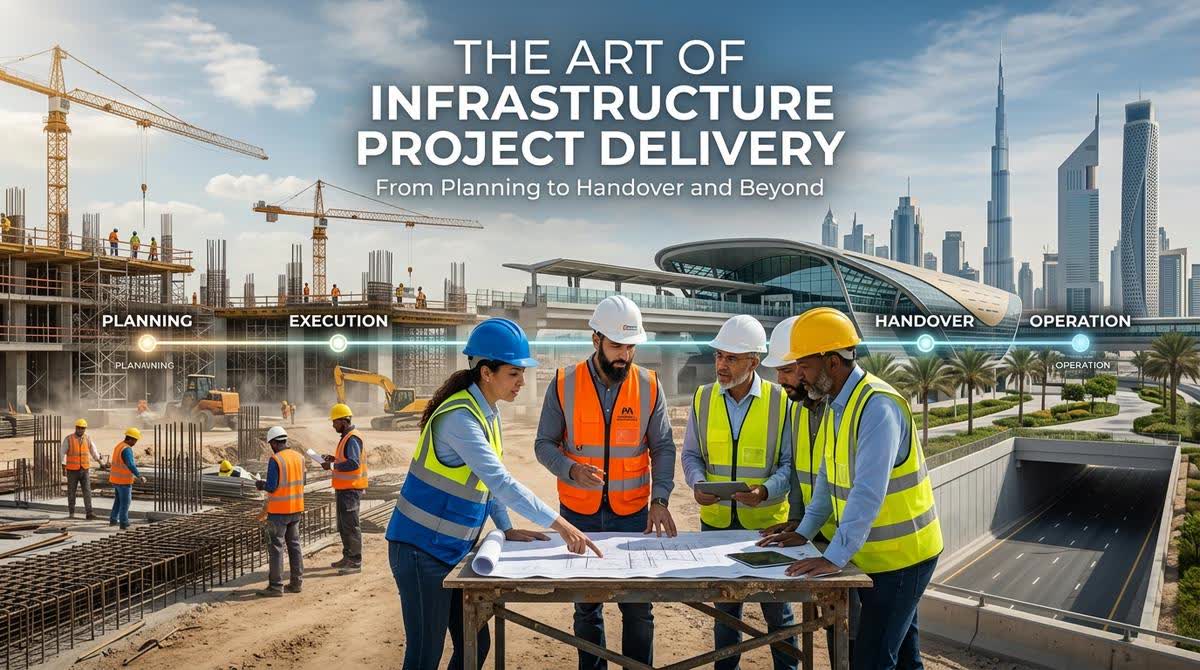 Project timeline showing key phases from planning through handover with construction professionals working on site