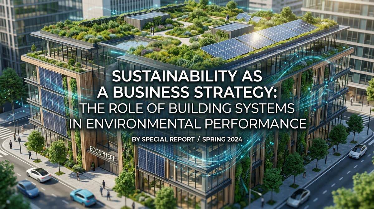 Sustainable building showing green roof, solar panels, and modern ELV systems integration