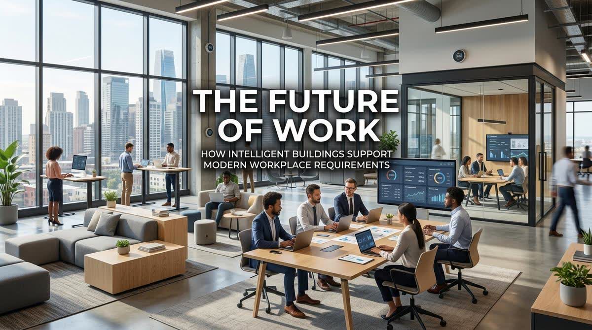 Modern flexible workspace showing technology integration, collaborative areas, and intelligent building features