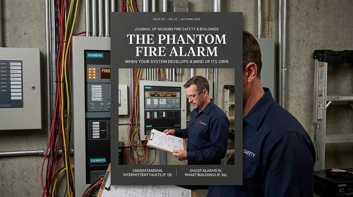 A fire alarm control panel showing a fault condition with a technician looking at system schematics and searching for the root cause of intermittent faults.