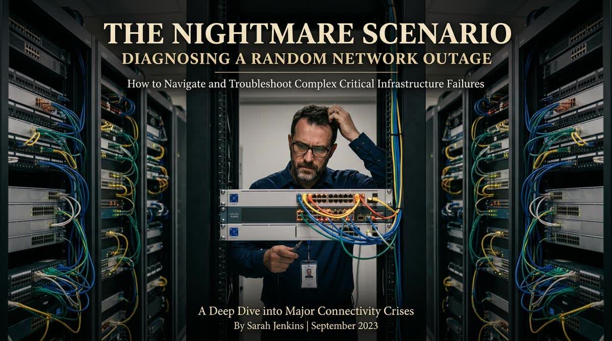 A network administrator in a server room staring at network switches and patch panels with a frustrated expression, troubleshooting a major connectivity issue.