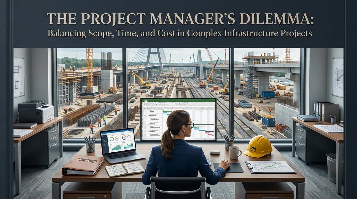 A project manager using a Gantt chart and project management software to track progress and manage resources on a large infrastructure project.