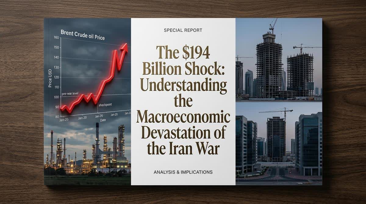 A split-screen image showing oil price charts spiking dramatically alongside empty office buildings and construction sites in the Middle East during the 2026 Iran war.