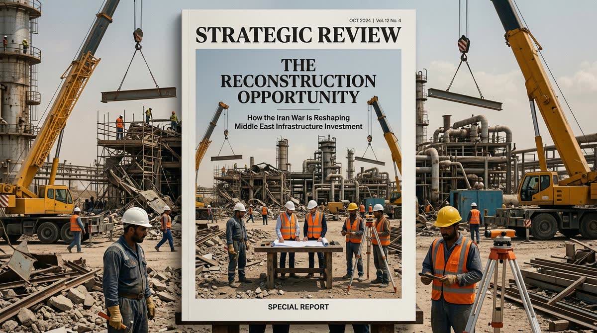 Construction workers and engineers surveying damage at an industrial facility, with cranes and rebuilding equipment in the background.